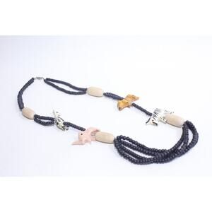 African Animals, Necklace, Carved Wood, Girafe, Rhinoceros, Tiger, Zebra, Beaded